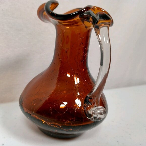 Crackle Glass Pitcher Brown Small Clear Handle Vase Collectible Art 3.75" Tall - Picture 6 of 15